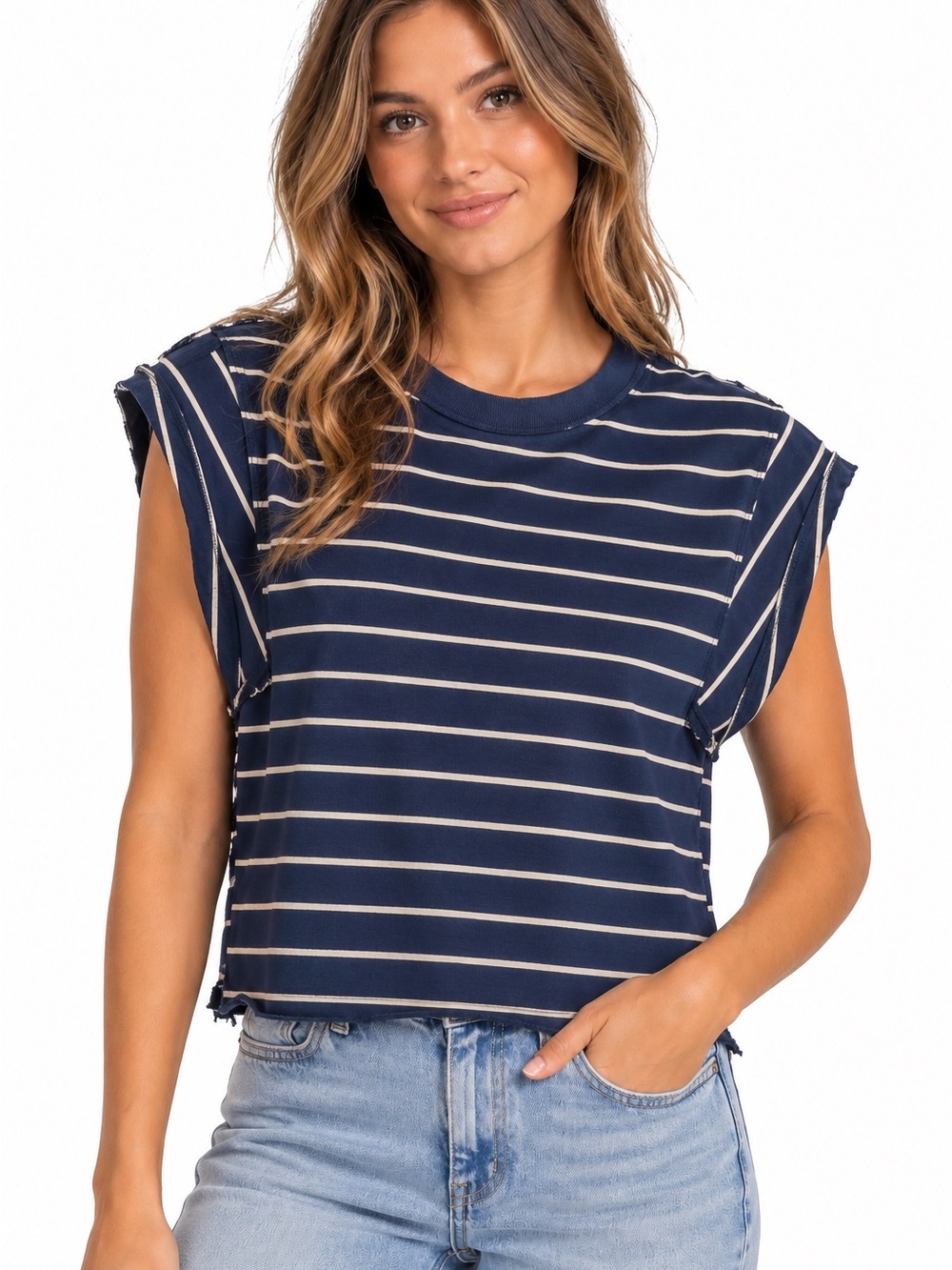 We The Free Navy and Cream Striped Cropped Muscle Tee